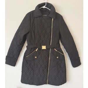 Guess Quilted Puffer Coat Medium Black Moto Asymmetrical Zip Belted‎ Chic Winter